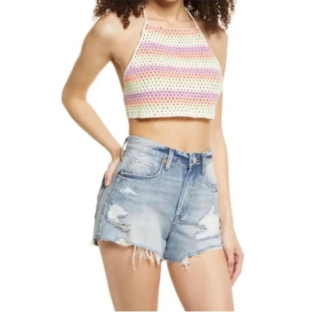 BP Women's Crochet Knit Halter Multi Color Tank Top Purple Large NWT v6x